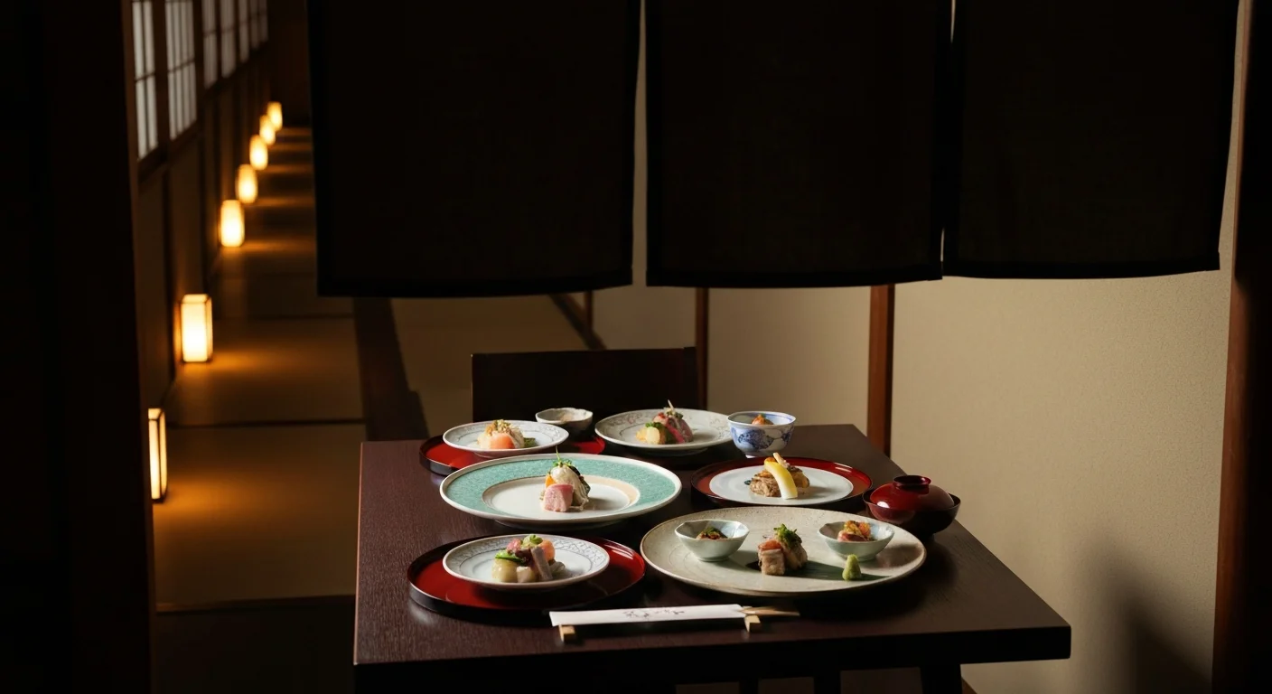 木のテーブルに並ぶ季節の会席料理と湯気の立つ吸い物を斜めから撮った一卓の料理写真